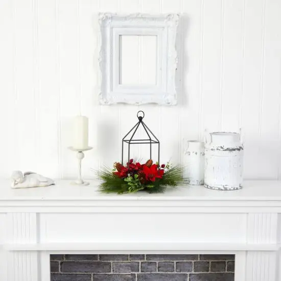 14" Christmas Poinsettia, Berry & Pinecone Metal Candle Holder Artificial Table Arrangement {5}