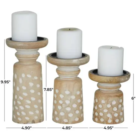Light Brown Wood Carved Dotted Pillar Candle Holder Set {6}
