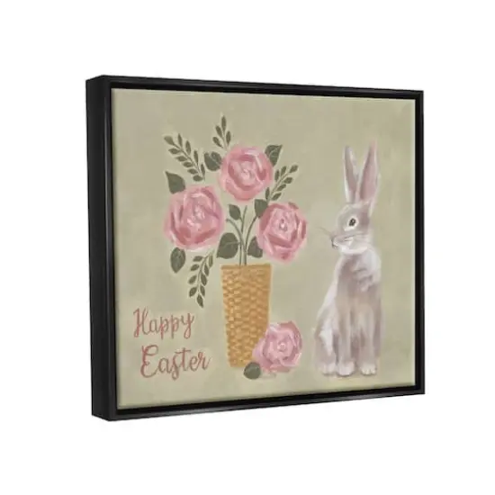 Stupell Industries Happy Easter Bunny Rose Bouquet Floater Framed Art Black {4}