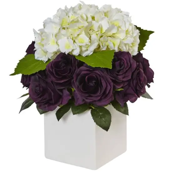 Hydrangea and Purple Rose Silk Arrangement in Ceramic Planter {1}