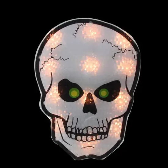 12" Silver & Black Holographic Lighted Skull Halloween Window Silhouette Decoration {3}
