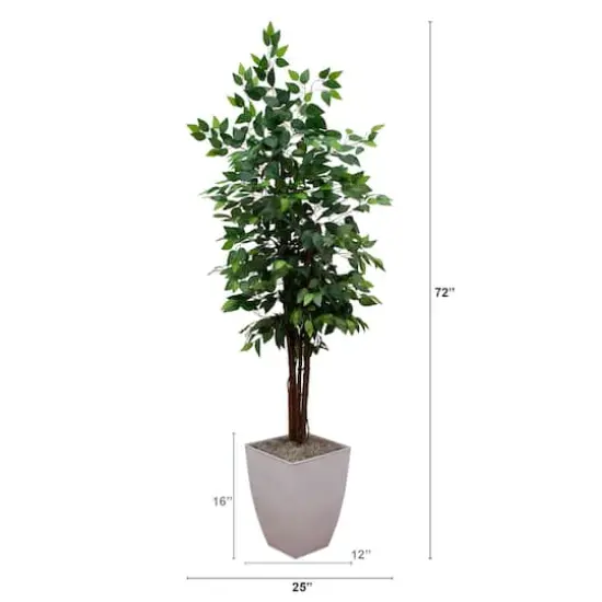 6ft. Artificial Double Stalk Ficus Tree in White Metal Planter {3}