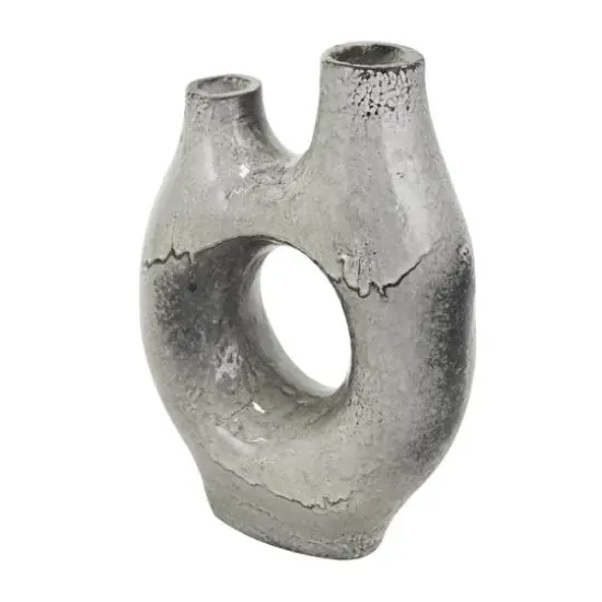 Gray Paper Mache Abstract Circular Vase with Dual Openings {1}