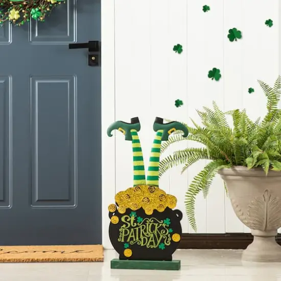 Glitzhome&reg; 24" Wooden St. Patrick's Leprechaun Pot of Gold Porch D&eacute;cor {4}