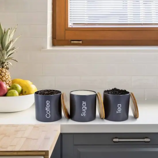 MegaChef Bamboo Kitchen Countertop Gray 4-Piece Metal Bread Basket & Canister Set {6}