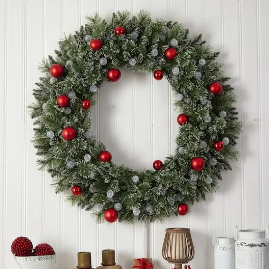4ft. Oversized Pre-Lit Frosted Holiday Christmas Wreath with Ornaments {6}