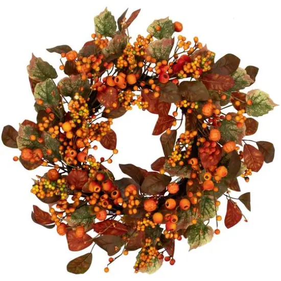 24" Orange & Green Berry & Pumpkin Fall Harvest Wreath {1}