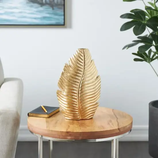 14" Gold Metallic Curved Leaf Polystone Vase {3}