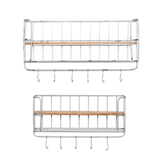 Set of 2 Silver Metal Basket & Wooden Wall Shelf Units With Hooks {3}