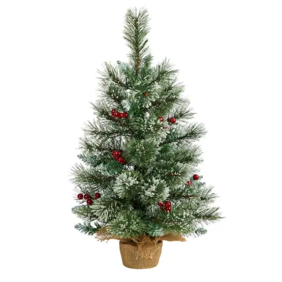 2ft. Pre-Lit Flocked Pine & Berry Artificial Christmas Tree in Burlap Base, Warm White LED Lights {4}