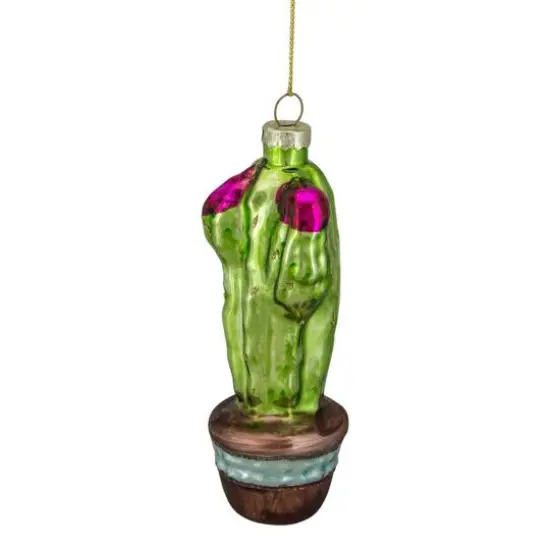 Green And Pink Potted Cactus Glass Ornament {8}