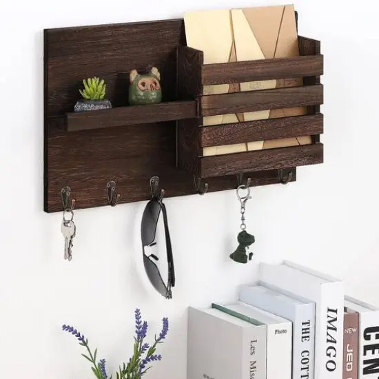 NEX&trade; Rustic Brown Wall-Mounted Mail Envelope Organizer with Key Hooks {8}