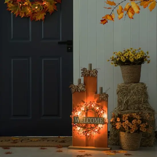 Glitzhome&reg; 30" Fall Lighted Pumpkin & Wreath D&eacute;cor {12}