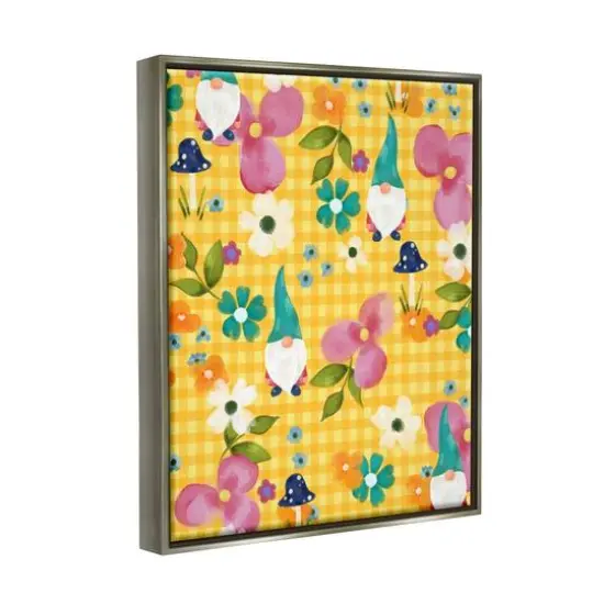 Stupell Industries Yellow Tartan Patterned Spring Gnomes Mushrooms Floater Framed Art Gray {4}