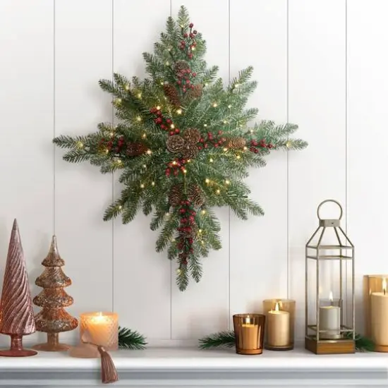 32" Pre-Lit Flocked Snowflake Wreath {3}