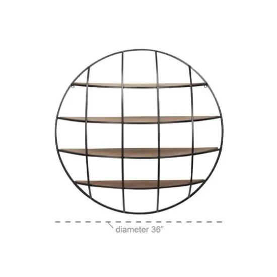 36" Light Brown Iron Round Wall Shelf Unit  {7}