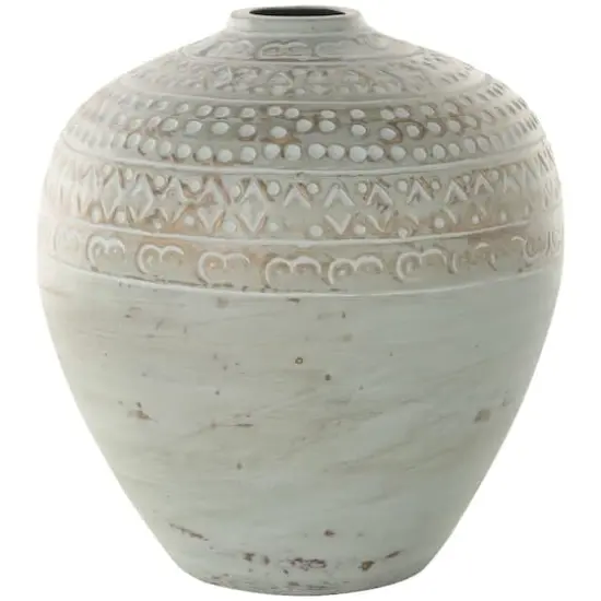 11.75" Green Antique-Style Wide Rounded Ceramic Vase with Geometric Carvings {1}