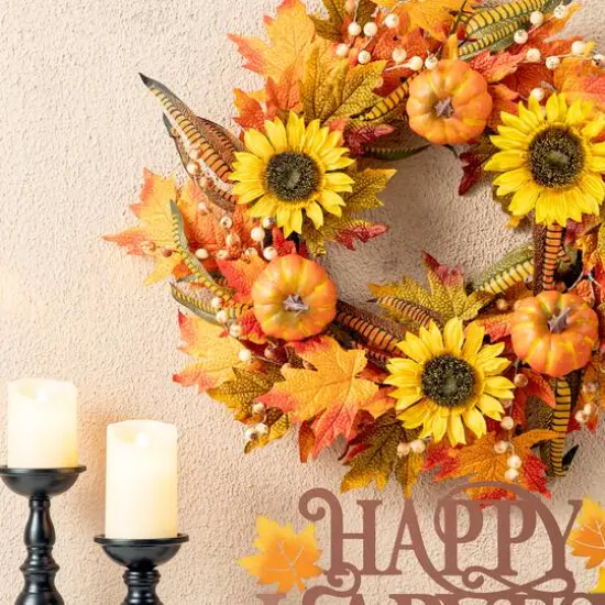 Glitzhome&reg; 24" Fall Sunflower Pumpkin Leaf Wreath {4}