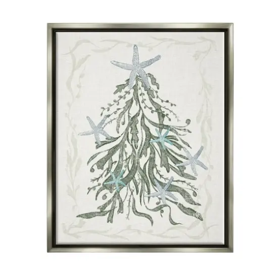 Stupell Industries Nautical Christmas Tree Sea Life Framed Floater Canvas Wall Art Gold {1}