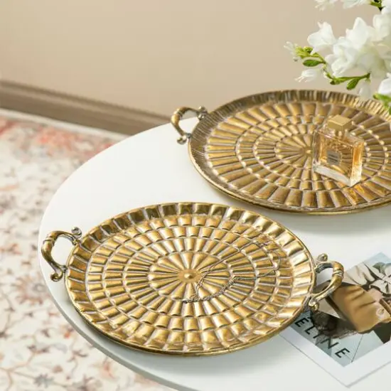 Glitzhome&reg; Gold Round Metal Embossed Decorative Trays Set {6}
