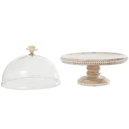 12.25" Cream Wood Cake Stand with Glass Dome Tabletop D&eacute;cor {4}