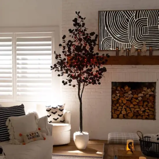 8ft. Pre-Lit Artificial Halloween Black Eucalyptus Tree with 540 Orange & Purple LED Lights {11}