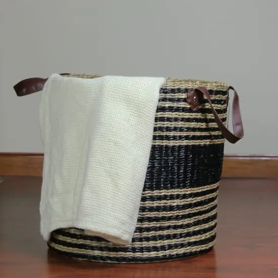 15.5" Beige & Black Woven Seagrass Basket with Handles {4}