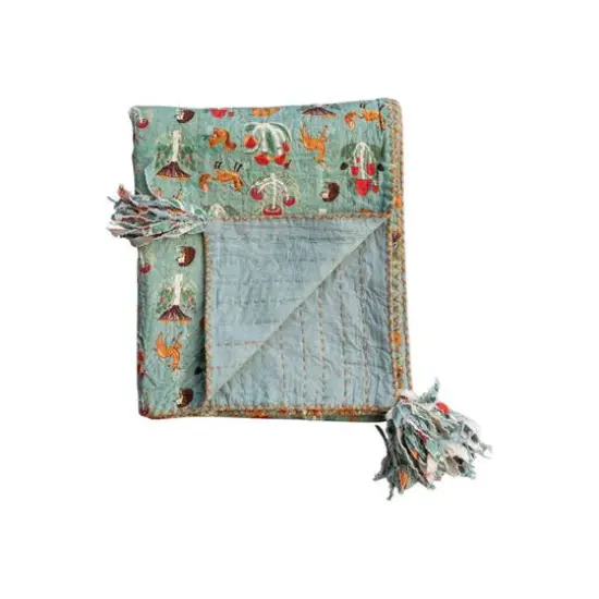 Hello Honey&reg; 60" Flora & Fauna Hand-Woven Cotton Quilt with Stitch Edge & Tassels {4}