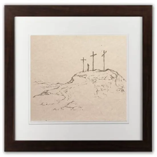 Crosses On Hill Sketch 5 11" x 14" Walnut Framed Print Under Plexiglass {1}