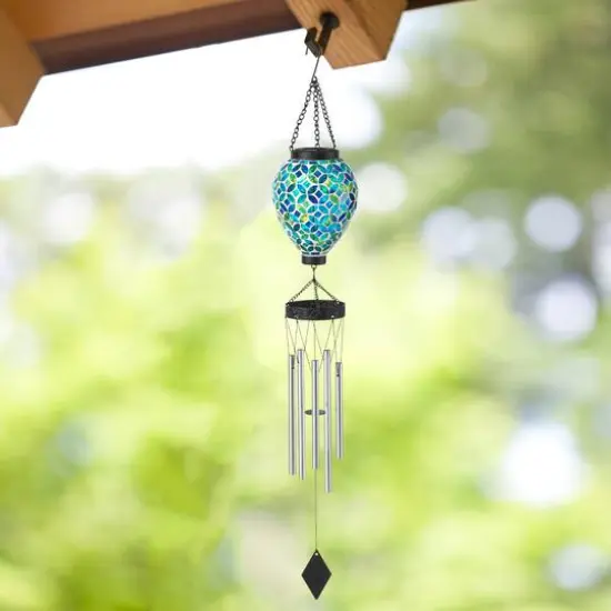 Glitzhome&reg; 37" Blue & Green Solar Lighted Metal & Glass Mosaic Windchime {8}