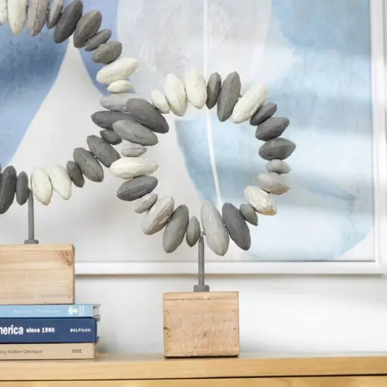 18.25" Gray Abstract Circular Stones Tabletop Sculpture {3}