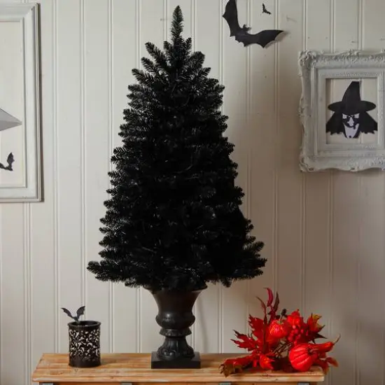 4ft. Black Artificial Halloween Tree in Urn, Orange LED Lights {9}