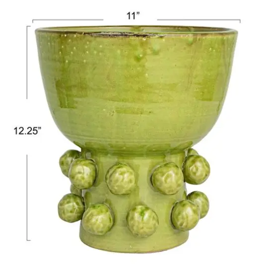 Hello Honey&reg; 12.25" Green Round Terra-cotta Hobnail Footed Vase {8}