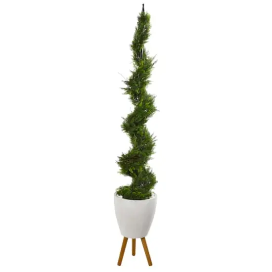 6.2ft. Cypress Artificial Spiral Tree in White Planter with Stand {1}