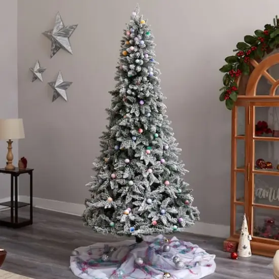 8.5ft. Pre-Lit Flocked British Columbia Mountain Fir Artificial Christmas Tree, Multicolor Globe Bulbs {8}