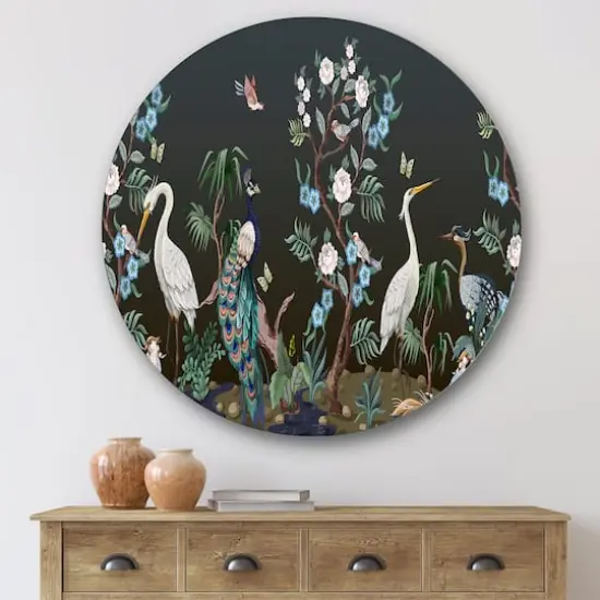 Designart - Chinoiserie With Birds and Peonies IV - Traditional Metal Circle Wall Art {4}