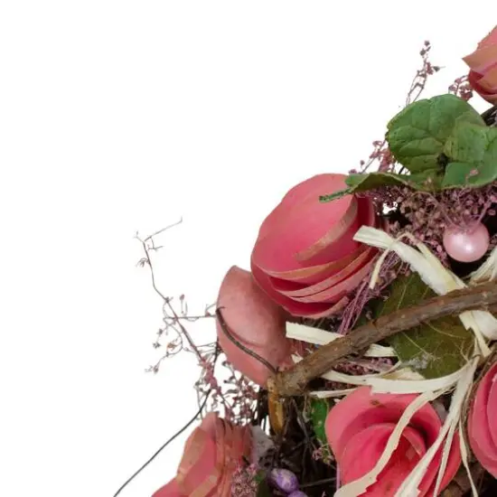 12.5" Pink Flowers & Berries with Green Leaves & Twigs Spring Wreath {5}