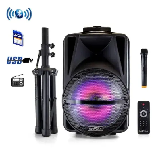 beFree Sound 12" Bluetooth Rechargeable Portable PA Party Speaker With Reactive LED Lights & Stand {1}