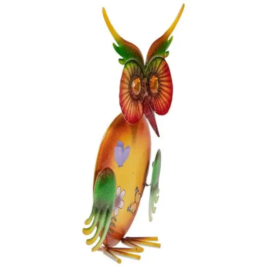 11" Orange and Green Metal Owl Outdoor Decoration {4}