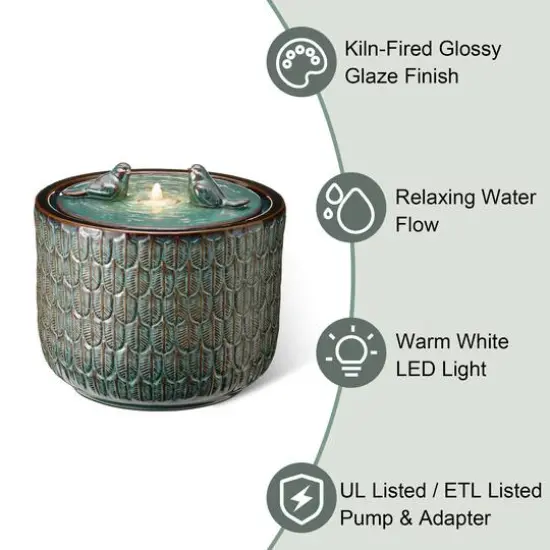 Glitzhome&reg; 15" LED Bird Cylindrical Ceramic Fountain Turquoise {8}