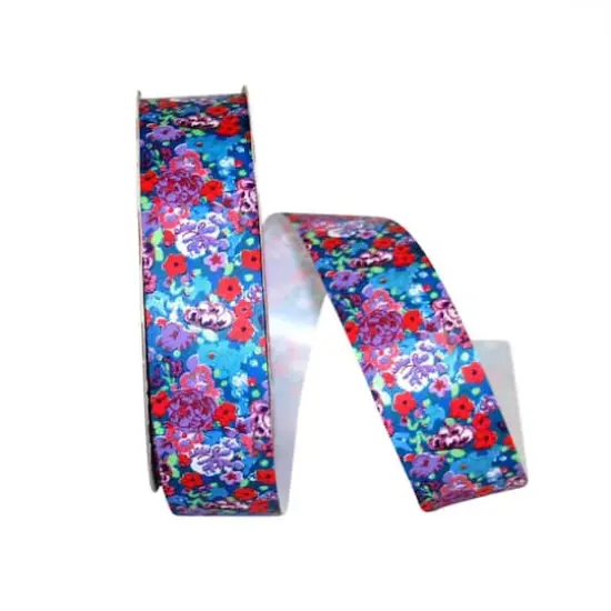 Reliant 1.33" x 109yd. Calico Floral Print Ribbon Multicolor Blue {1}