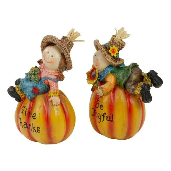 6.5" Girl & Boy Scarecrow Pumpkins Fall Figurines Set {5}