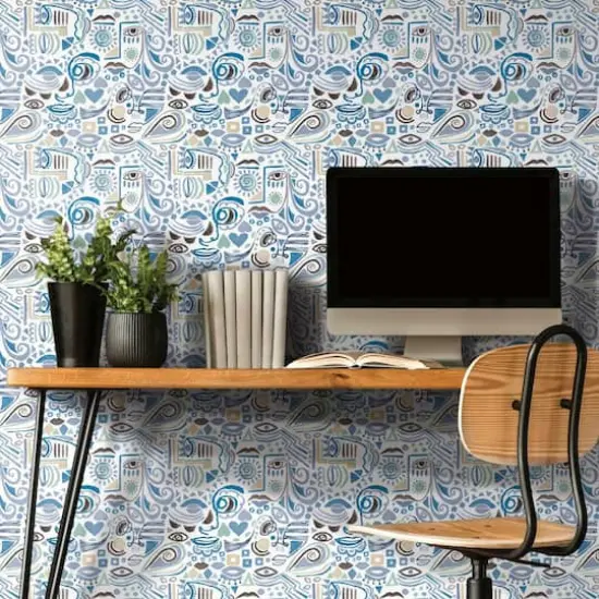 RoomMates Mod Faces Peel & Stick Wallpaper Blue/Green {5}