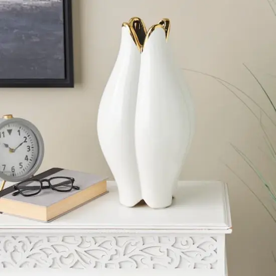 White Ceramic Dimensional Tulip Shaped Vase with Metallic Gold Rim {9}