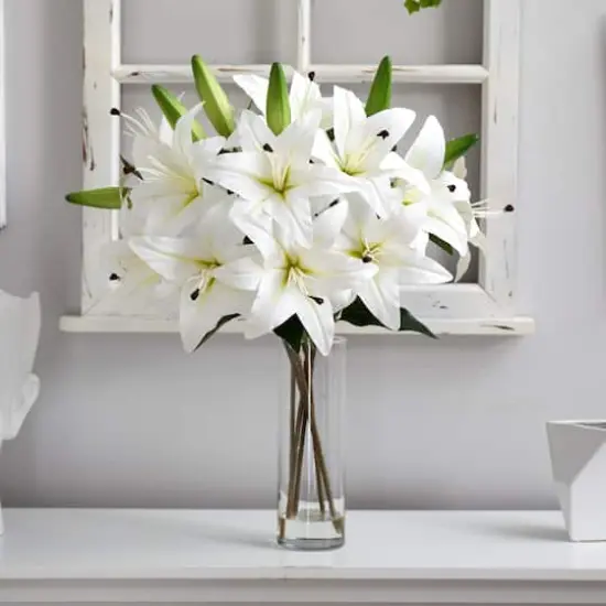 25" Artificial White Lily Arrangement with Cylinder Glass Vase {4}