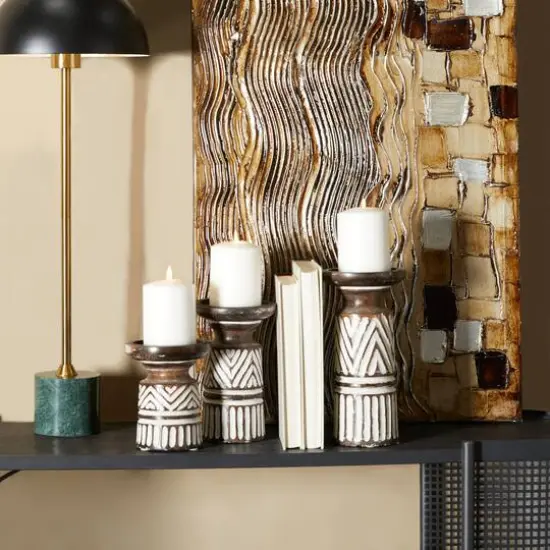 White Mango Wood Tribal Pillar Candle Holder Set {4}