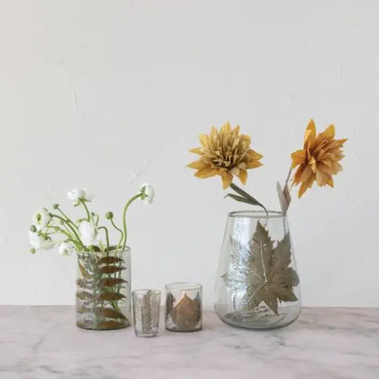 Hello Honey&reg; 10" Embedded Papaya Leaves & Foil Edge Handblown Glass Hurricane {7}