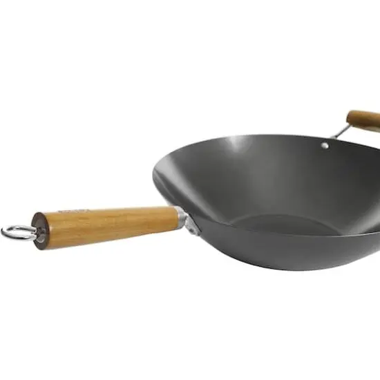Kenmore&reg; Hammond 14'' Black Flat Bottom Carbon Steel Wok with Wooden Handles {5}