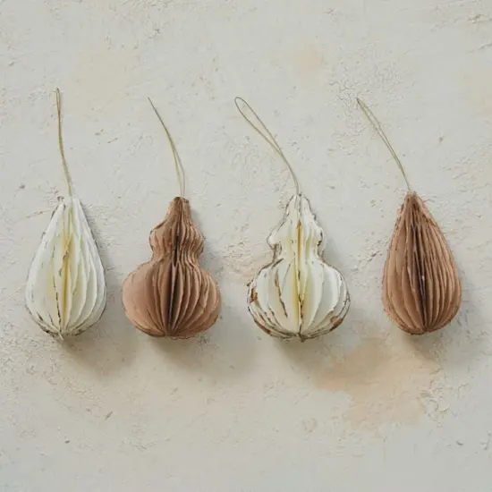 Hello Honey&reg; 4.25" Cream & Gold Handmade Paper Folding Honeycomb Finial Ornament Set {3}