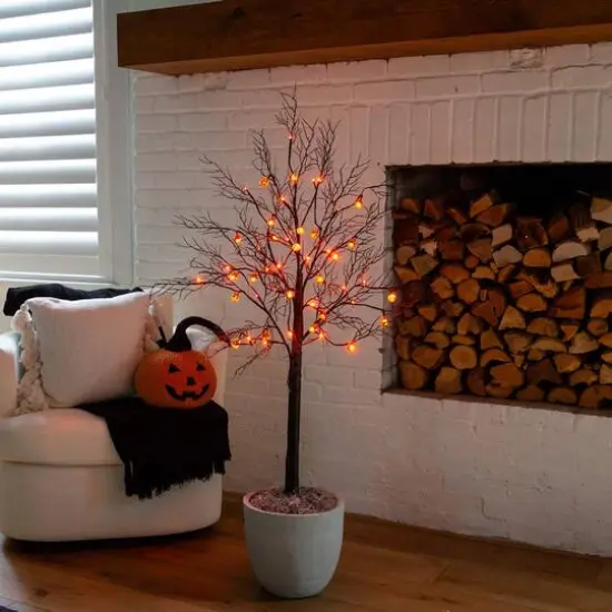 4ft. Pre-Lit Artificial Halloween Black Twig Tree with 24 Orange LED Pumpkin Shaped Lights {13}